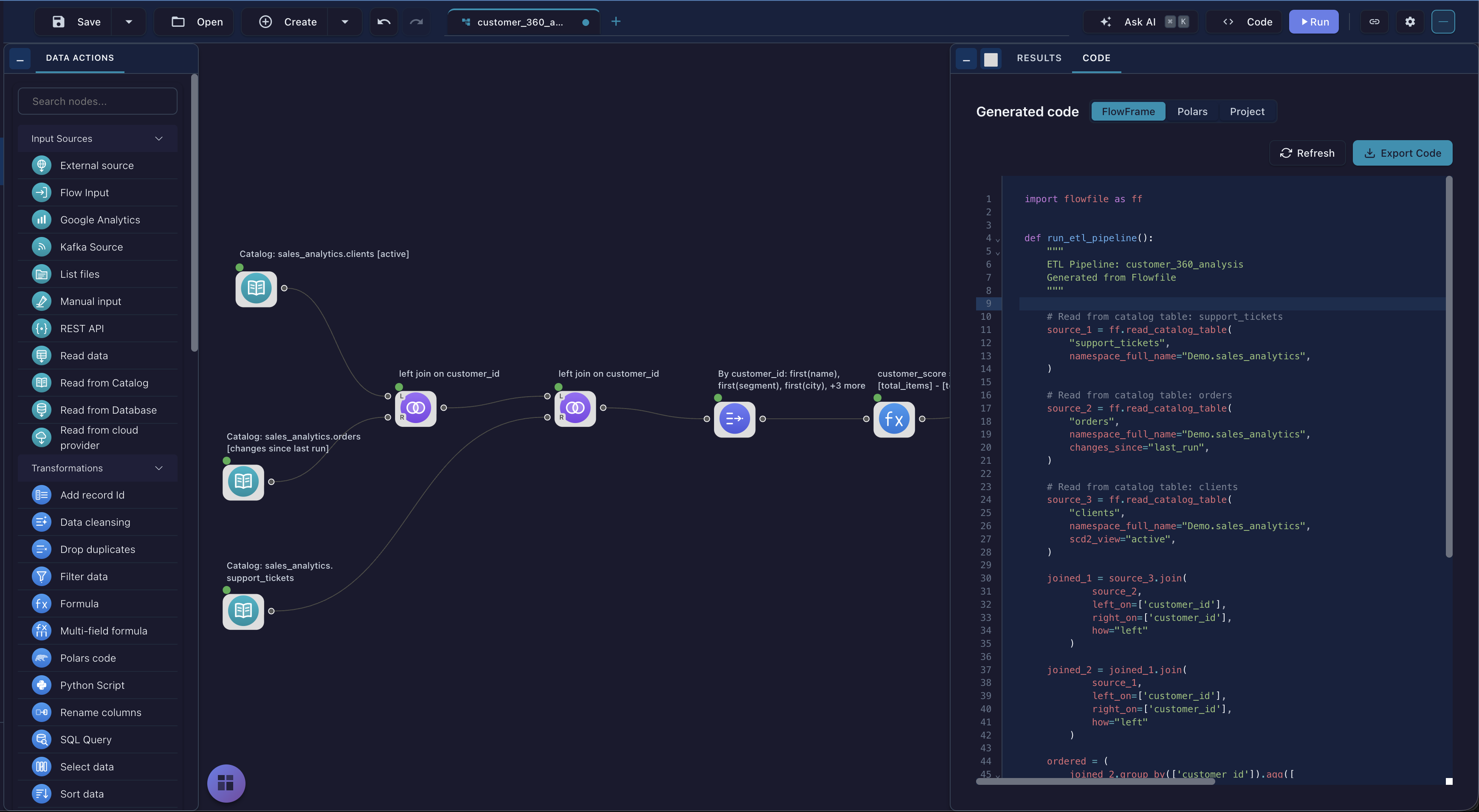 Flowfile joining clients, orders and support tickets on the canvas, with aggregation, a scoring formula and generated FlowFrame Python code alongside.