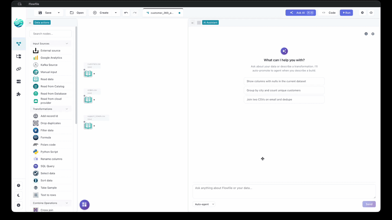 Flowfile's AI agent building a pipeline on the canvas, node by node, from a plain-English prompt — the nodes it drops are the same ones a person drags from the palette, so the tool catalog and the UI are one thing