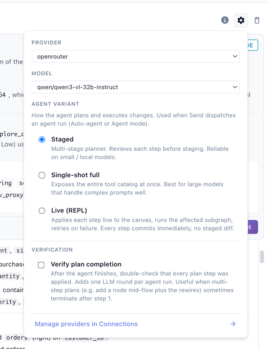 Flowfile's agent execution variants — Live (REPL) applies each step to the canvas, runs the affected subgraph, and feeds the result back before the next step; Single-shot hands over the whole tool catalog at once; Staged collects edits into one diff