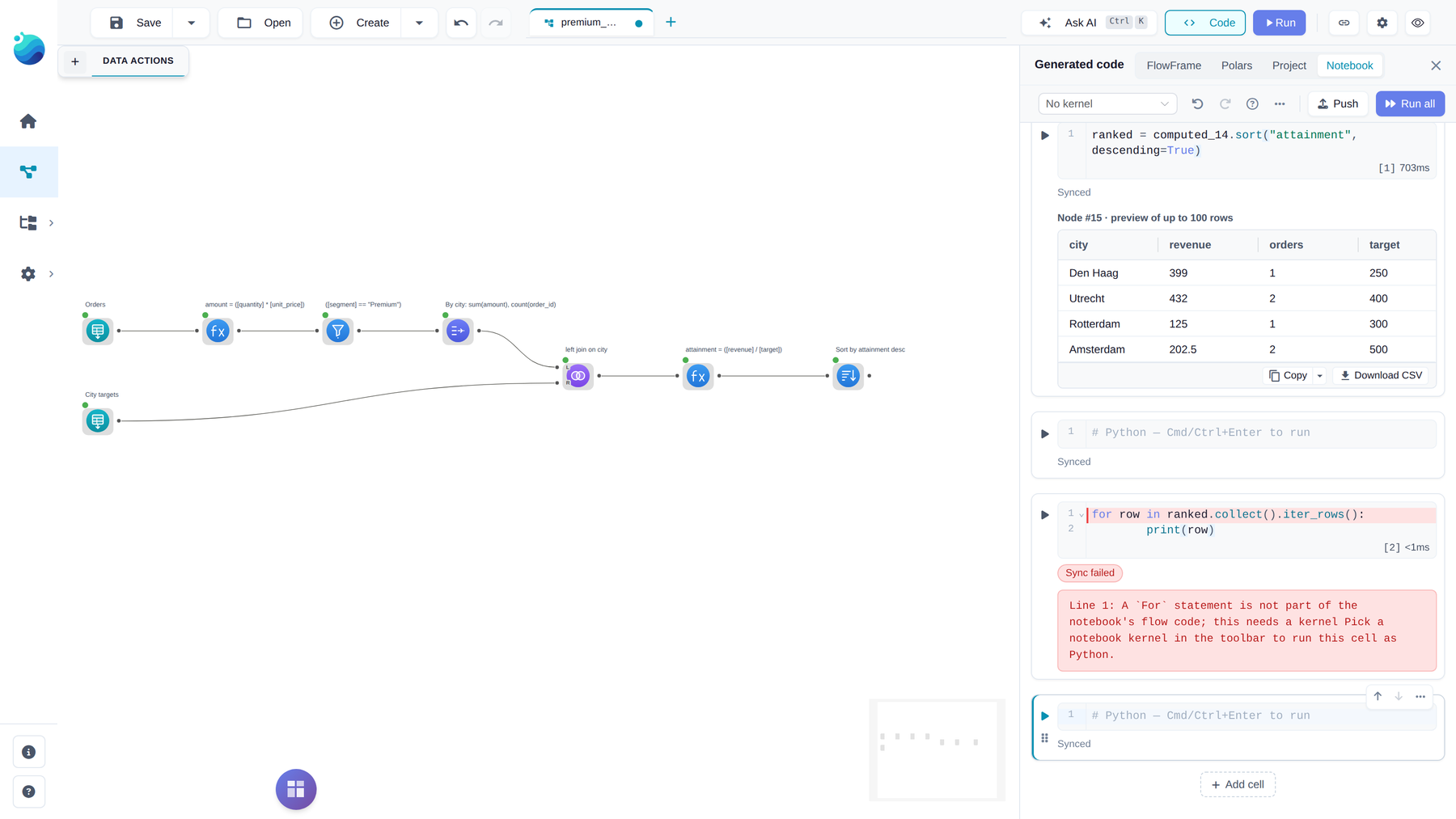 A cell holding a for loop that prints rows, its first line highlighted in red, marked Sync failed, with the message: Line 1: A For statement is not part of the notebook's flow code; this needs a kernel. Pick a notebook kernel in the toolbar to run this cell as Python