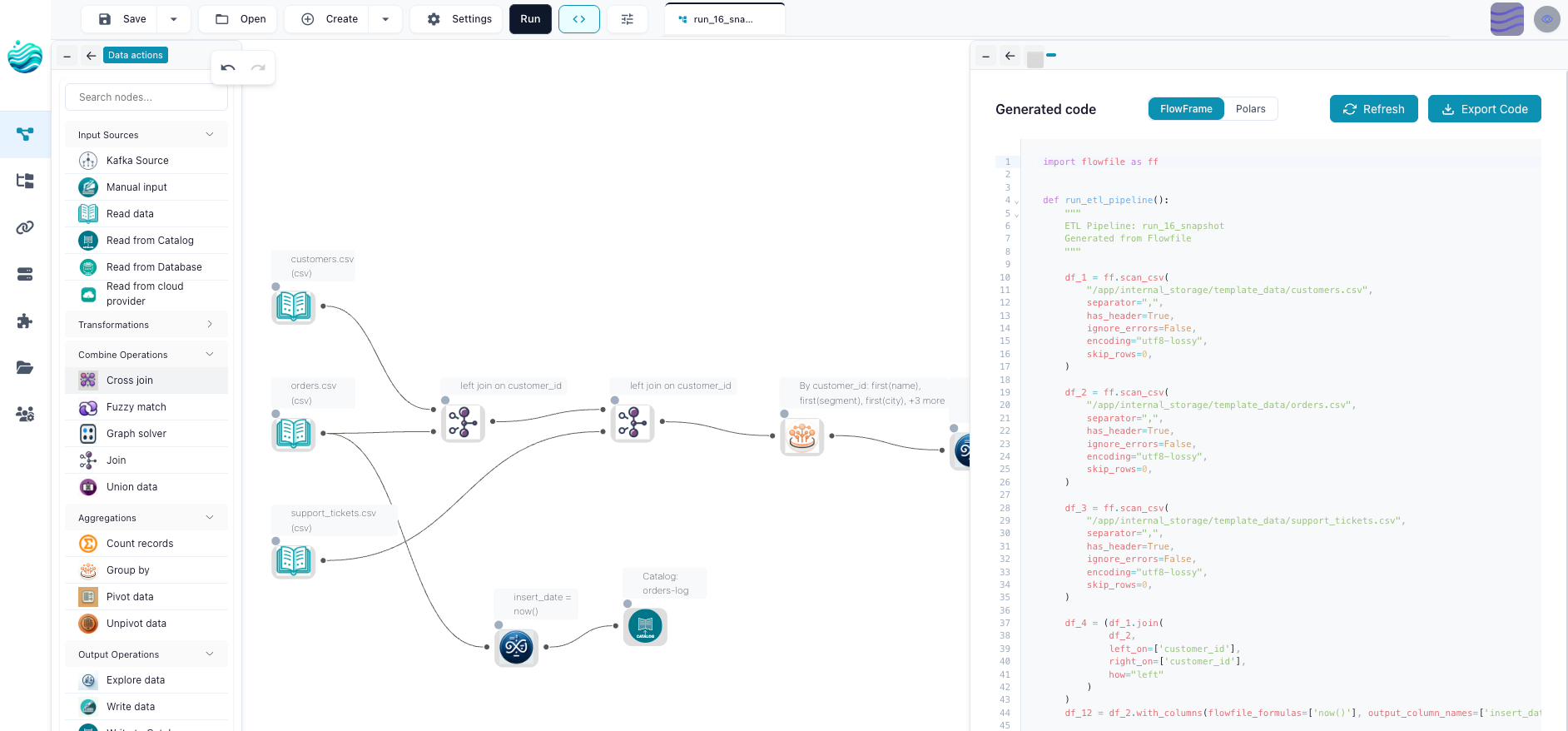 The Flowfile canvas with the live data preview panel and the corresponding Polars code visible side-by-side