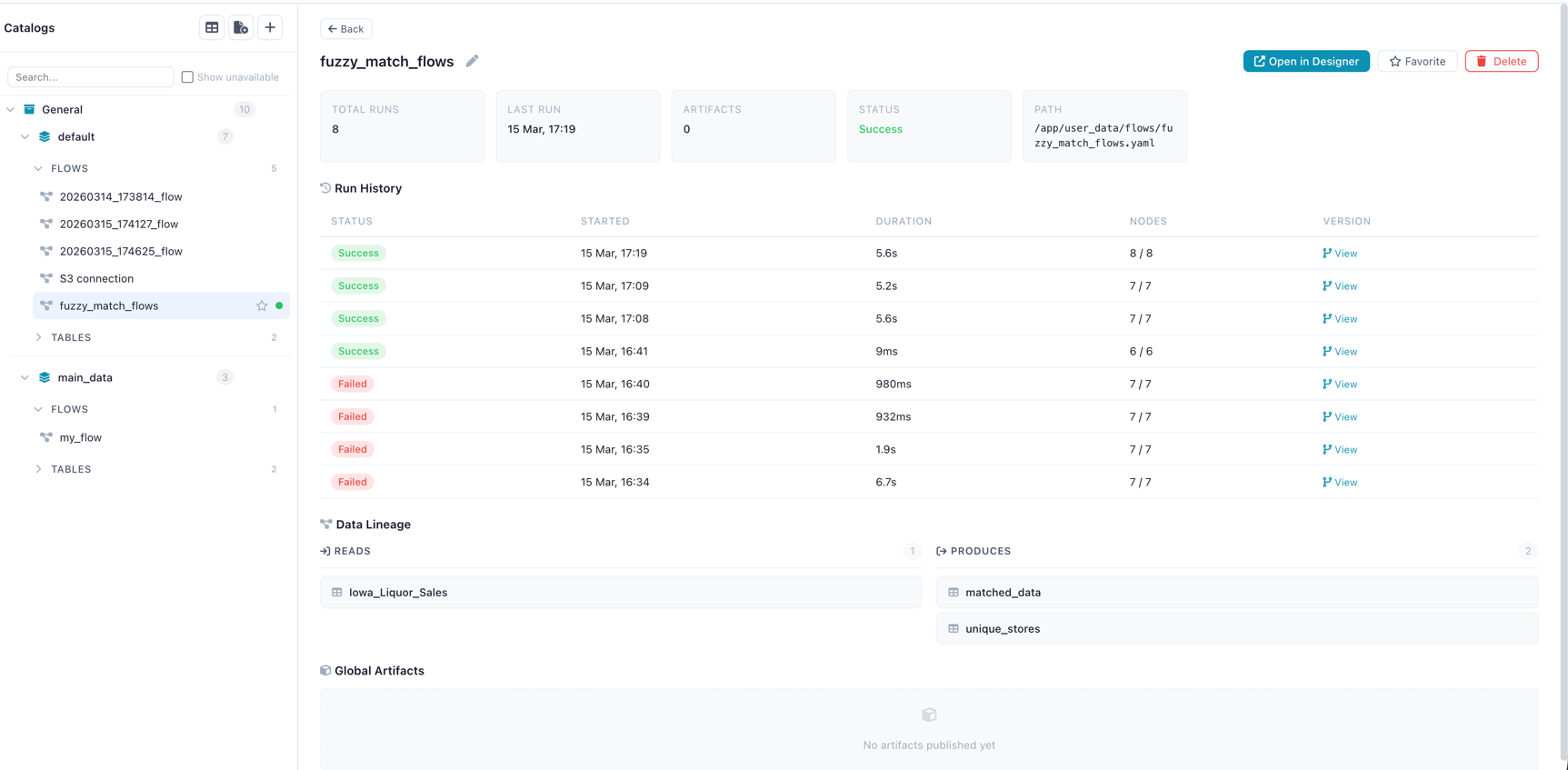 A Flowfile catalog entry for a single flow: run history, data lineage, and the tables it produces