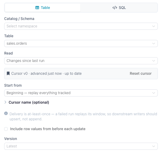 Catalog Reader set to Changes since last run, showing the cursor status line with a Reset cursor button, Start from set to Beginning, and the note that delivery is at-least-once