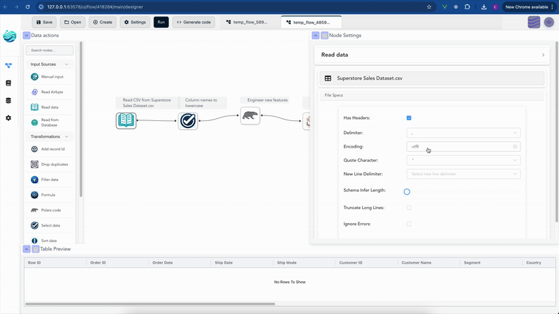 Code generation: a Flowfile pipeline being exported as a standalone Polars script