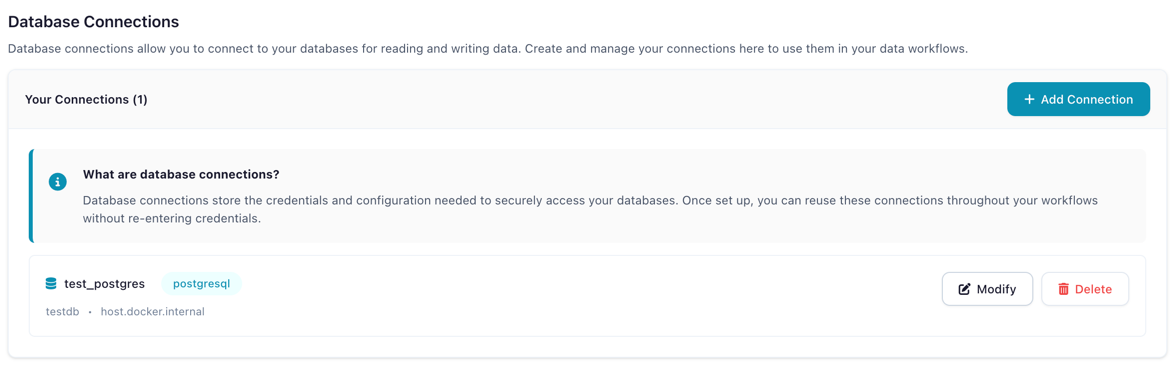 Flowfile's Database Connections view: your connections live in one place, referenced by name — no .env file involved