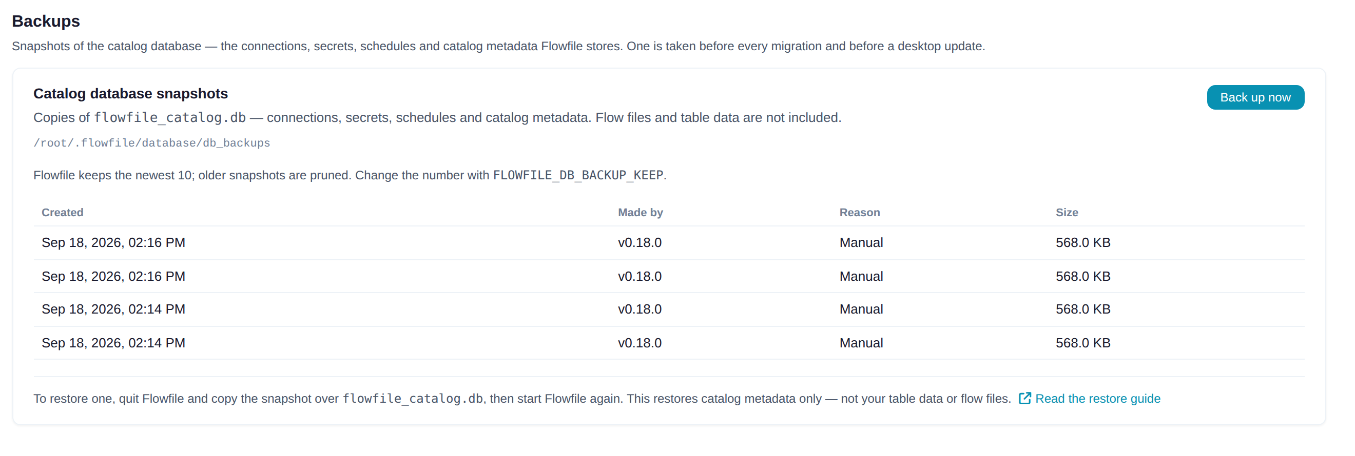 The Backups page: snapshot directory, a Back up now button, and a table of snapshots with time, app version, reason and size