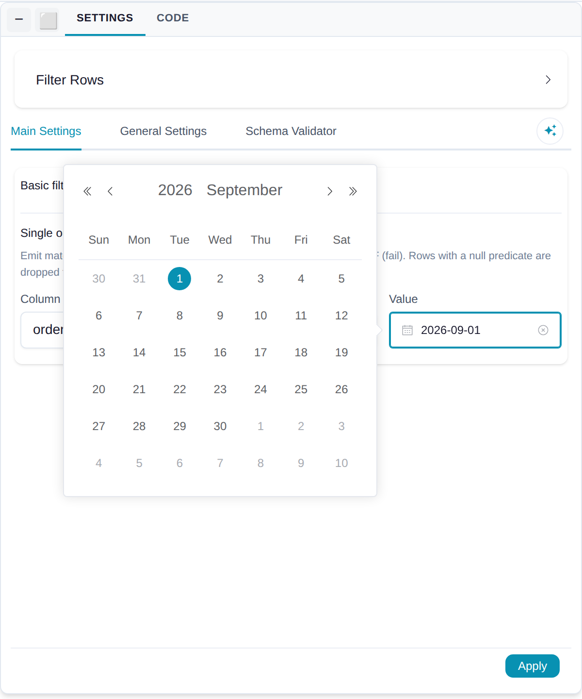 The Filter Rows drawer with order_date, Greater than or equal, and a calendar popover open on September 2026 with the first selected