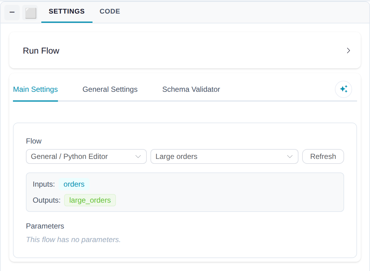 The Run Flow node's settings as the designer shows them: the Large orders flow selected under General / Python Editor, its input orders and output large_orders listed, and no parameters
