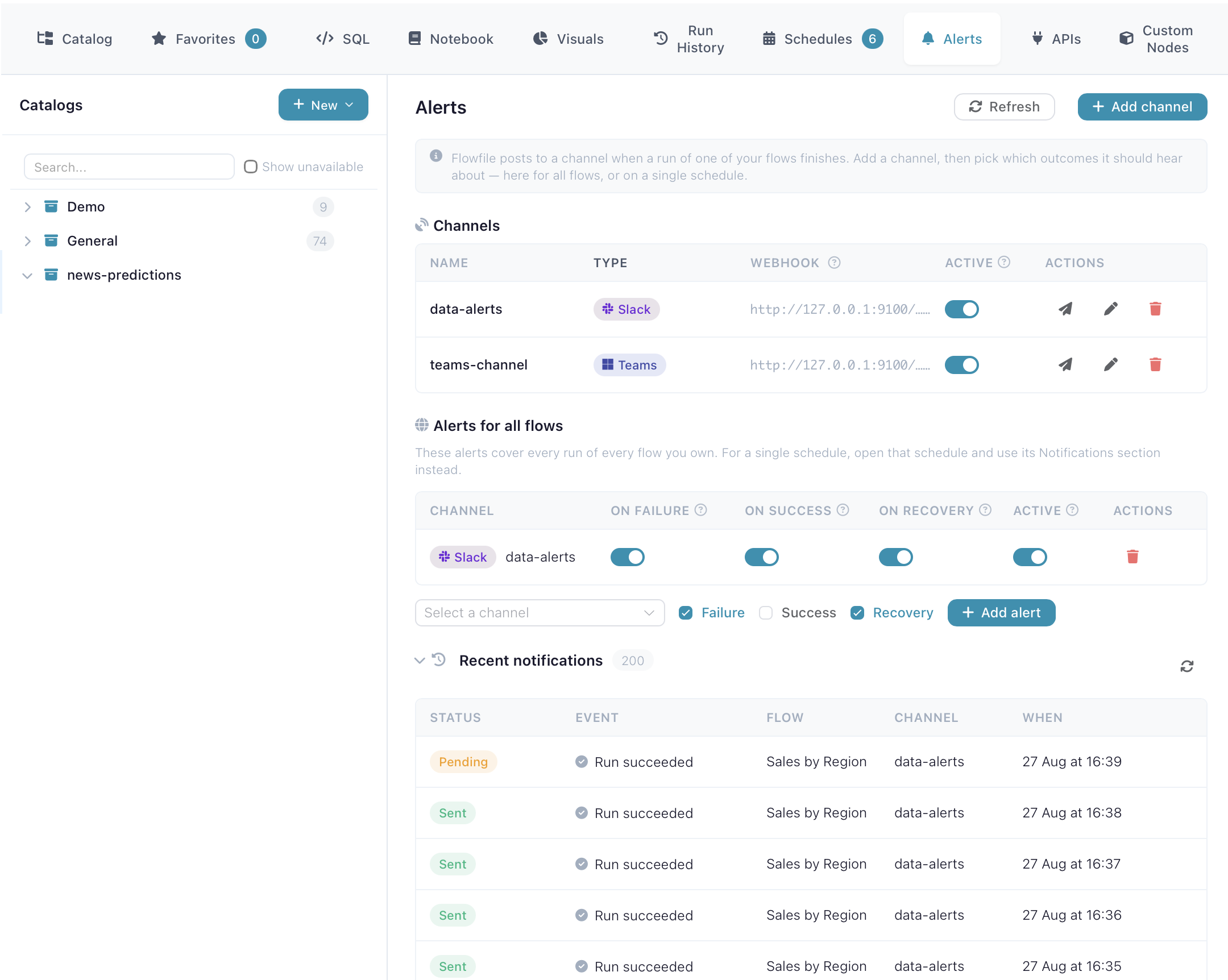 The Catalog's new Alerts tab, showing a Slack and a Microsoft Teams channel with masked webhook URLs, an account-wide rule with on-failure, on-success and on-recovery toggles, and a table of recently sent notifications.