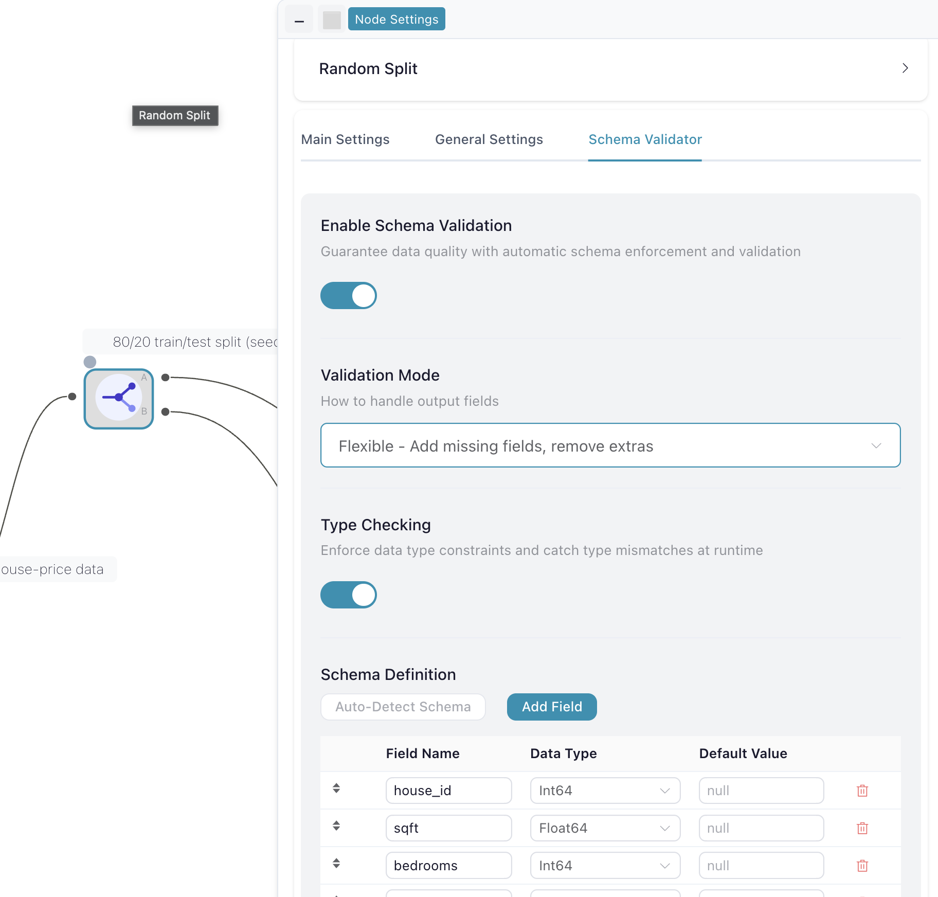 Flowfile's schema validation panel — Enable toggle, Validation Mode dropdown, Type Checking, and a Schema Definition table with field name, data type, and default value per row